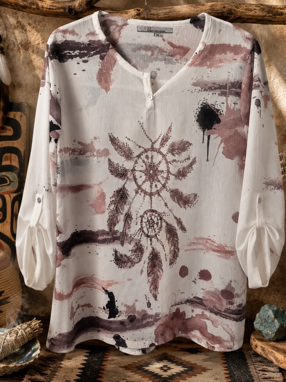 Variations XL Dreamcatcher Embellished Blush Boho Blouse Roll Tab Sleeve